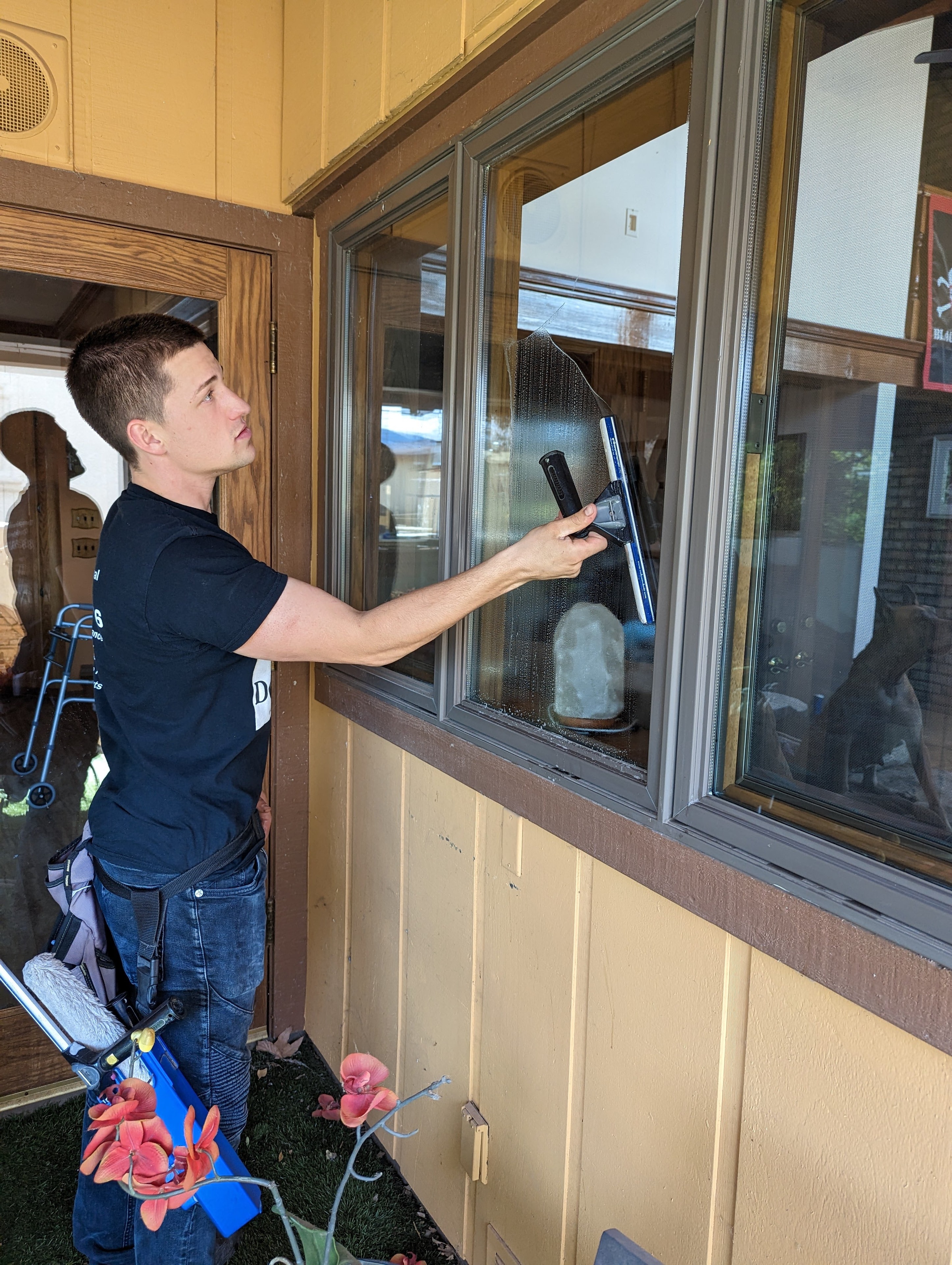 Demigod technician squeegee cleaning residential windows at a Cottonwood home